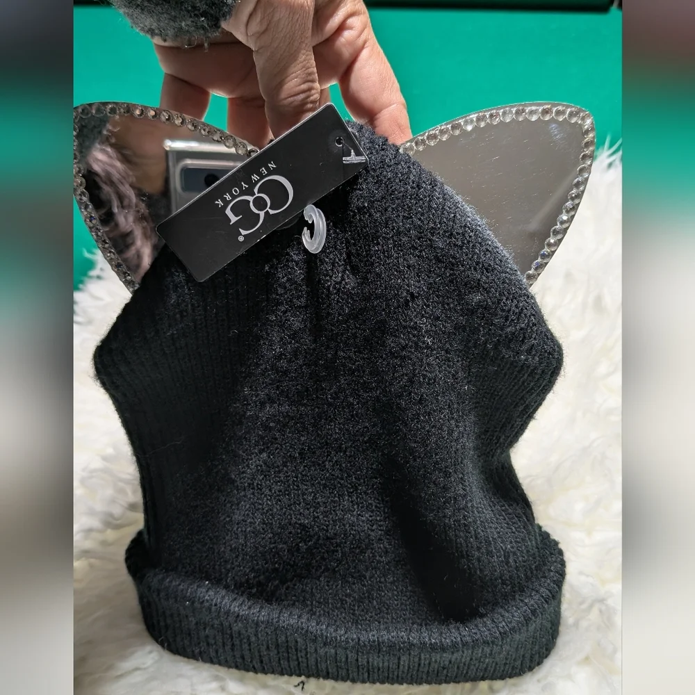 Black Knit Hat with Silver Cat Ears